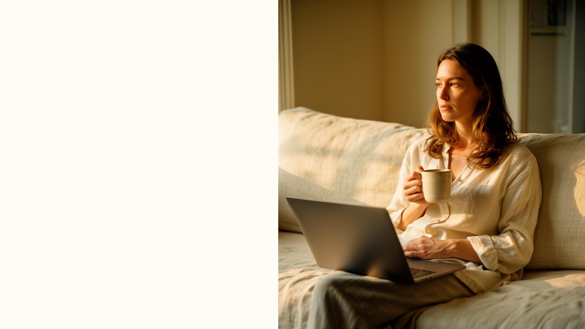 A patient on a sunlit linen sofa during a quiet telehealth visit